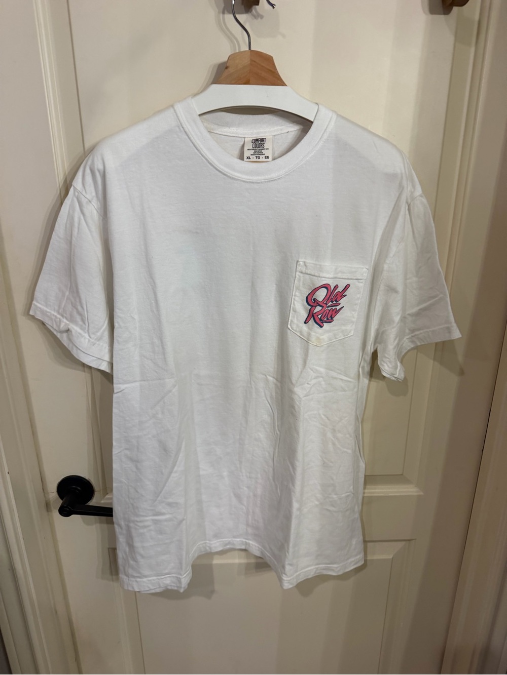 White Short-Sleeve Pocket Tee with Pink Logo